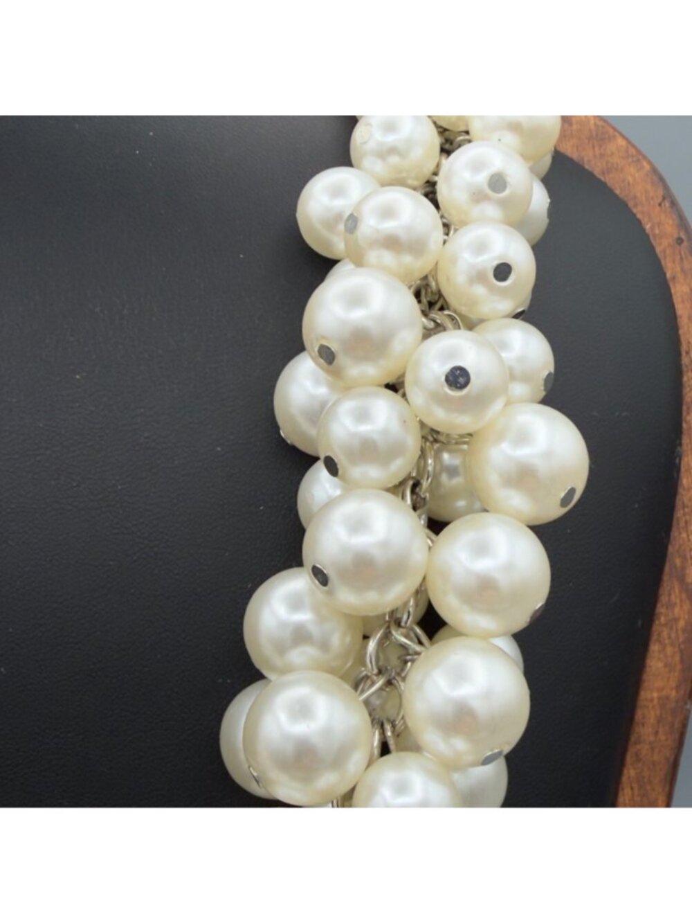 Faux Pearl Bib Necklace Chunky Bubble Cluster Statement Collar Silver Tone 16" - Picture 4 of 9